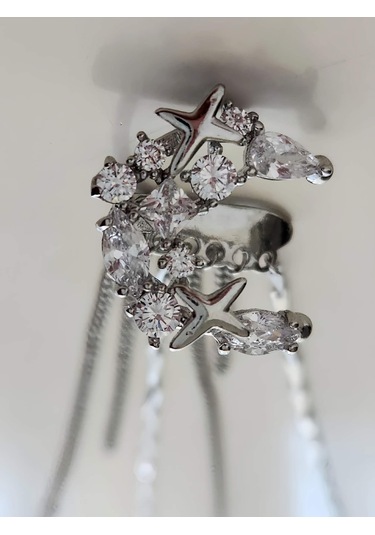 Yıldız Zirkon Taşlı Model Kıkırdak Sağ Kulak Gümüş Renk Küpe Silver