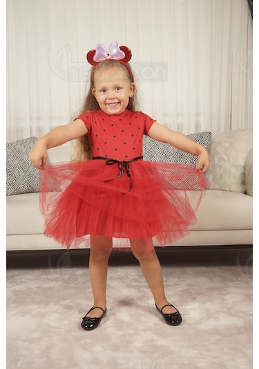 Kız Bebek-çocuk Kısa Kollu Doğum Günü Ve Özel Günler İçin Kalpli Tüllü Astarlı Elbise Kısakol-kırmızı Kırmızı