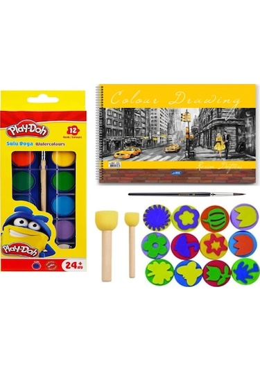 sulu boya baskı seti ponpon fırçalı 25x35 resim defterli