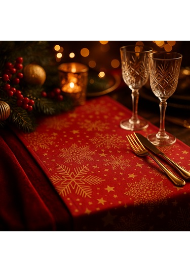 Kırmızı Gold Yılbaşı Masa Runner I Kar Tanesi Desenli Duck Dokulu 40x140 Cm Kırmızı