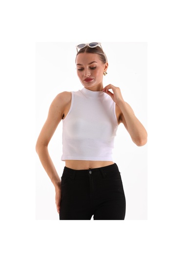 Kadın Likralı Kolsuz Crop Bluz BEYAZ Beyaz