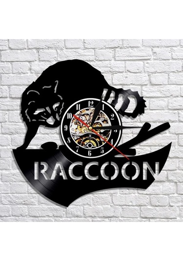 Primepickings Müzik Vinil Kayıt Duvar Saati - Rakun Vinil Duvar Saati - Vinil Saat - Oturma Odası Duvar Deko A