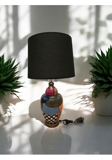 Dalmaçyalı Siyah Kadife Abajur Renkli Çok Renkli