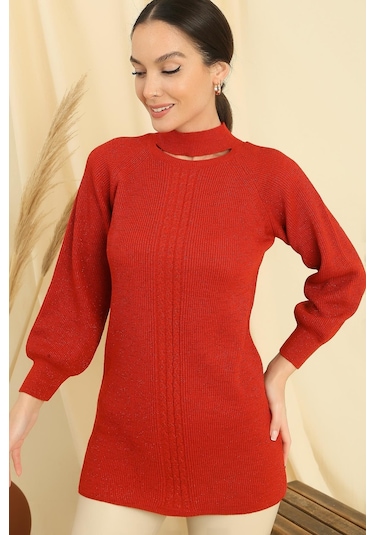 Boyun Dekolteli Saç Örgülü Desen Büyük Beden Spor Tunik Kazak-35198 - Mercan