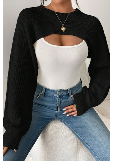 Tarz Cool Kadın Siyah Dekolteli Crop Triko Bolero Siyah