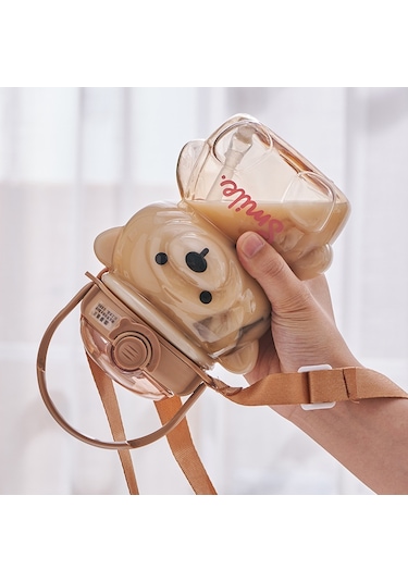 1000Ml Çocuk Taşınabilir Taşıma Su Şişesi Online Ünlü Büyük Kapasiteli Karikatür Oyuncak Ayı Plastik Su Bardağı Saman-1000Ml Pembe