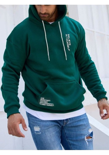 Erkek Bebe Mavi Believe Baskılı Oversize Kapşonlu Sweatshirt Believesweatshi