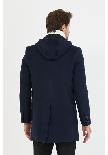 Erkek Lacivert Yün Karışımlı Kaşe Kapüşonlu Önü Fermuarlı Kaban Lacivert