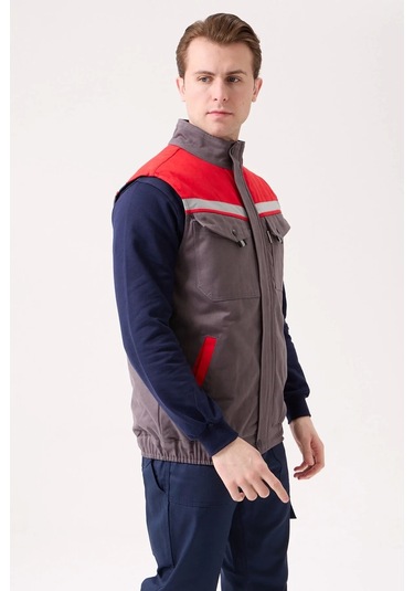 Kışlık İş Yeleği Grikırmızı Gabardin Çok Cepli Royal Sıcak Tutucu Rüzgar Geçirmez Reflektörlü Gri-kırmızı