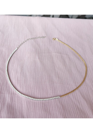 Yarısı Suyolu Yarısı Gurmet Zincir Çift Renkli Choker Gümüş Kolye