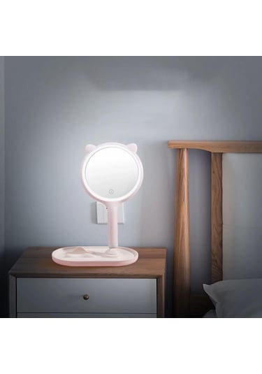 Kedi Kulaklı Telefon Standlı Yuvarlak Dokunmatik Led Ayarlı Masa Çok Renkli