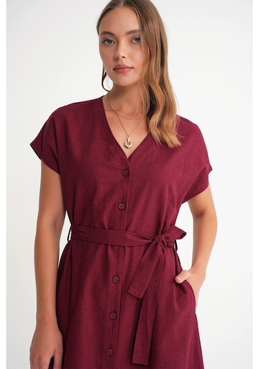 4721 Kadın V Yaka Düğme Detaylı Keten Elbise Bordo Bordo
