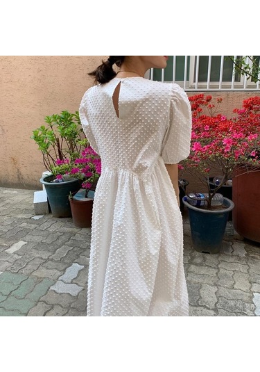 Kadın Uzun Elbise Yaz Rahat O-boyun Puf Kollu Büyük Boy Noktalar Zarif Kadın Elbisesi Bayanlar Gevşek Vestidos Femme Sarı