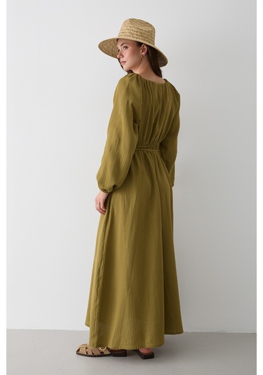 Haki Bağlama Detaylı Müslin Elbise - 2004 Haki