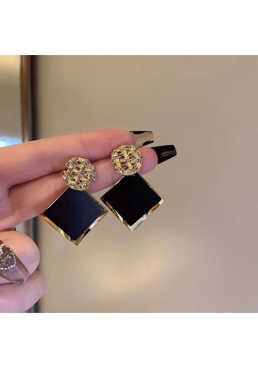 Samdoo Geometrik Kare Desenli, Siyah Email Ve Altın Kaplama, Çift Katlı, Dayanıklı Alaşım, 4.5x3.4 Cm, S925 Gümüş İğne, Modern Retro Küpe Gold