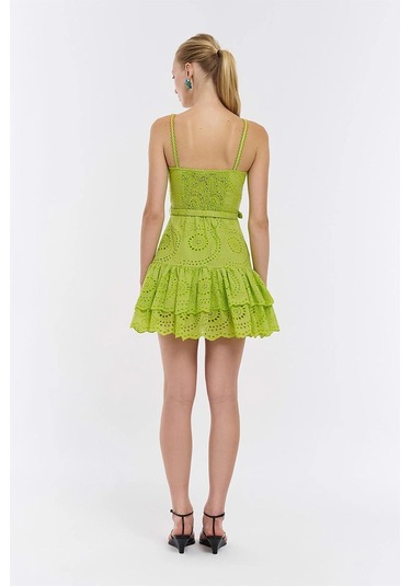 Askılı Dantel Güpür Kabartmalı Fırfırlı Sırtı Esnek Lastikli Mini Neon Fosfor Renk Yazlık Elbise Yeşil