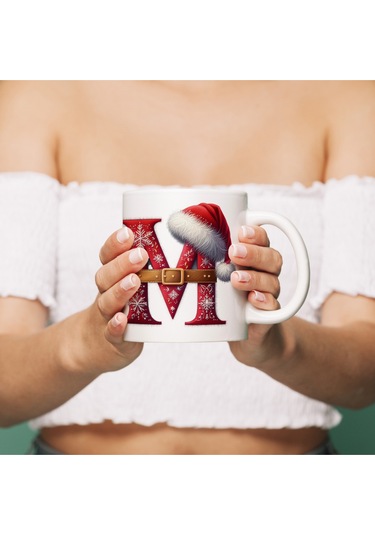 M Harfi Yılbaşı Temalı Bardak 330 Ml Harfli Kişiye Özel Hediye - Yeniyıl / Noel Şapka Tasarım Beyaz