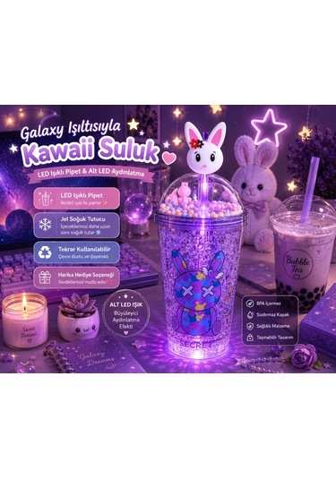 Çift Katmanlı İçecek Bardağı Led Işıklı Pipetli Kawaii Chibi Sevimli Tavşan Figürlü Suluk 450 Ml Mor
