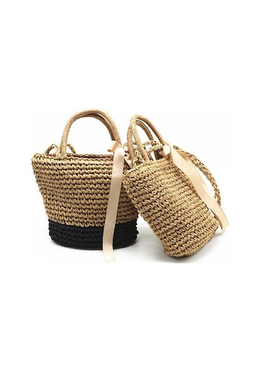 Kahve & Siyah Yogodlns El Yapımı Hasır Çanta Kurdelalar Ilmek Plaj Örgü Çanta Tote 32cm 26cm