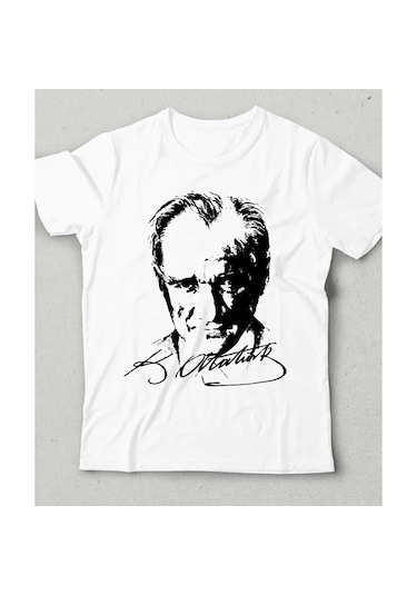 Atatürk Baskılı Özel Tasarım Çocuk T-shirt %100 Pamuk Penye Kuma Beyaz