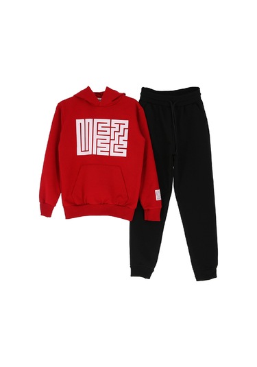 Kız Çocuk 2 İplik Küfe Yazı Görselli Kapüşonlu Alt-üst Takım 12374 Nar Çiçeği