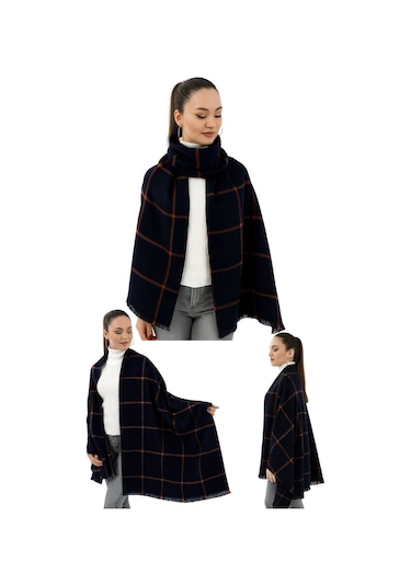 1 Adet Kadın Büyük Bedene Uygun Yumuşak Dokulu Kışlık Desenli Atkı Omuz Şalı Lacivert - Turuncu