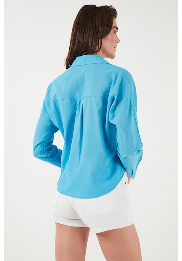 Lela Pamuk Ve Keten Karışımlı Regular Fit Önü Kısa Arkası Uzun Bayan Gömlek 6772867 Mavi