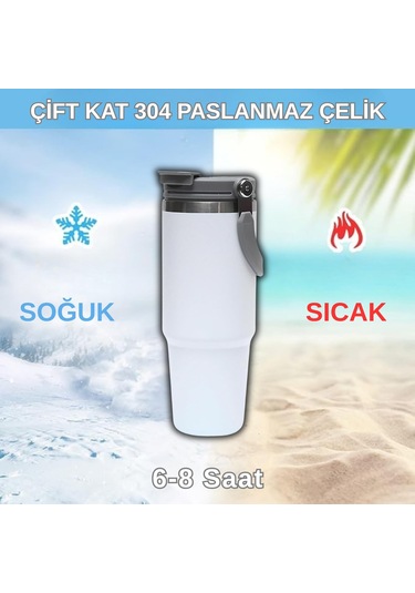 Pipetli Termos Bardak 900 Ml Paslanmaz Çelik -çift Kullanımlı Kapak Beyaz