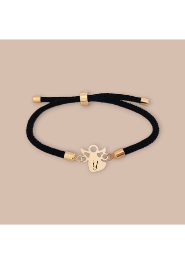 Y Harfine Özel 14 Ayar Altın Plakalı Mevlana Motifli Örgü İpli Hediye Bileklik-319harf-siyah Altın