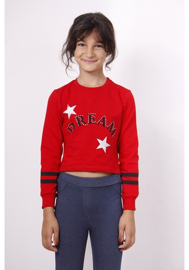 Toontoy Kız Çocuk Yıldızlı Dream Baskılı Sweatshirt Kırmızı