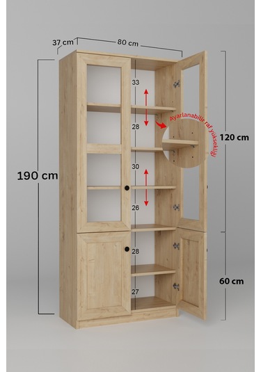Lisa 4 Kapaklı Safir Meşe Vitrin -kitaplık Ve Çok Amaçlı Dolap Safir Meşe