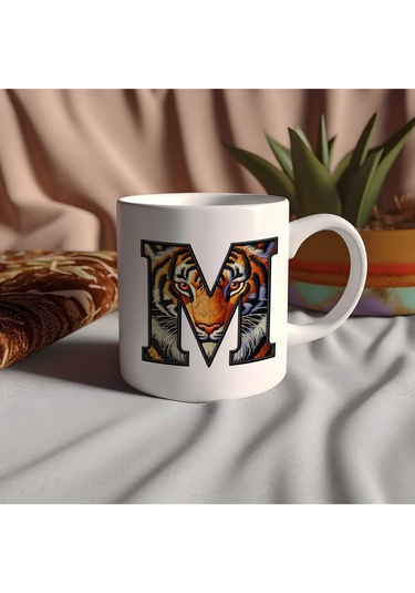 M Harfi Kaplan Figürlü Nakış Desenli Kupa Bardak - Kişiye Özel Vahşi Hayvan Desenli Kupa - Hediye Beyaz