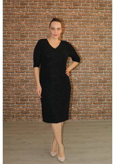 Nidya Moda Büyük Beden Kadın Siyah Simli Abiye Elbise-4009RS Siyah