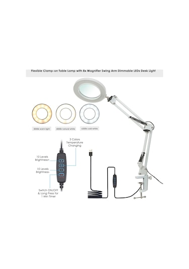 Neoglint Beyaz 8x Büyüteçli Neoglint Esnek Kelepçeli Masa Lambası
