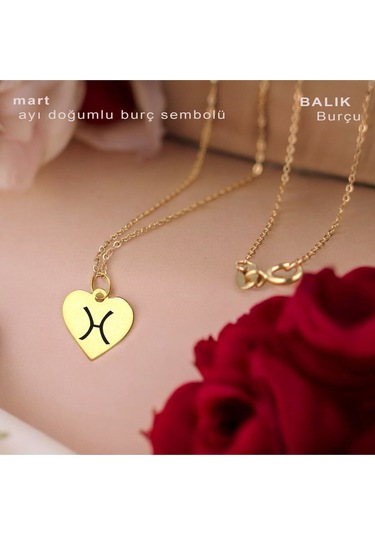 Mart Ayı Doğumlarına Özel 14 Ayar Altın Plakalı Kalp Motifli Zincirli Hediyelik Kolye-352ay Mart