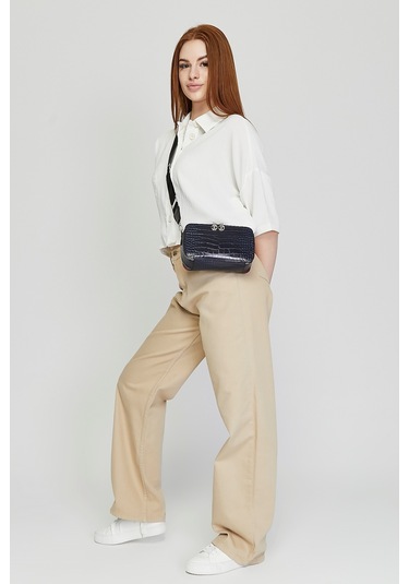 Morpelikan Mavi Kroko İki Bölmeli Kadın Omuz Çantası Mavi