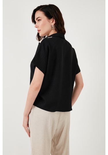 Lela Dantelli Relaxed Fit Kısa Kollu Bayan Gömlek 5865764 Siyah