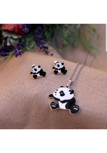 Sevimli Panda Mineli Gold Altın Renk Çelik Kız Çocuk Küpe Kolye