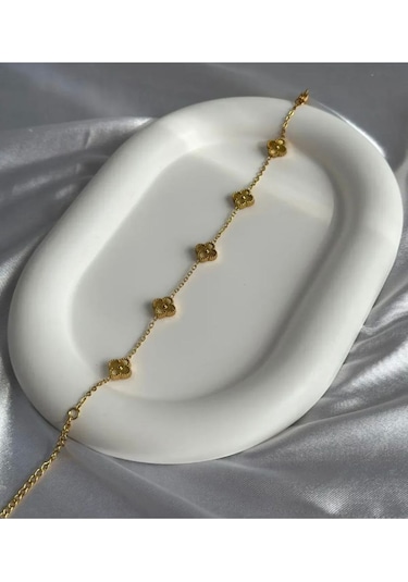Gold Yonca Minimal Çelik Bileklik Kararmaz Altın - Gümüş