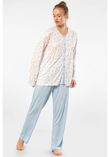 Türen 3367 Kadın Büyük Beden Uzun Kollu Pijama Takım-mavi Mavi