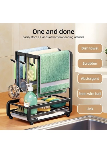 Pazly İşlevsel Mutfak Lavabo Organizatörü, Karbon Çelik, Duvara Monte/tezgah, Havlu Rafları, Sünger Tutucu, Siyah, 28x24,5x14 Cm Siyah