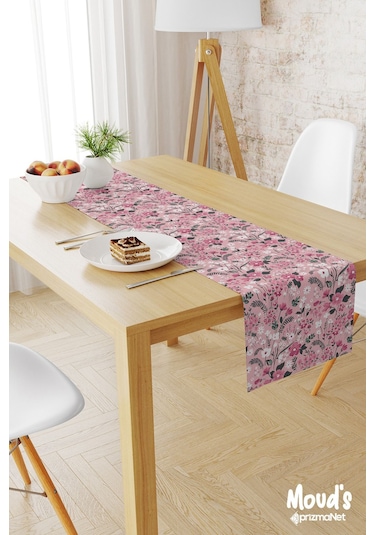 Pembe Pastel Çiçek Desenli Baskılı Süet Runner Masa Örtüsü