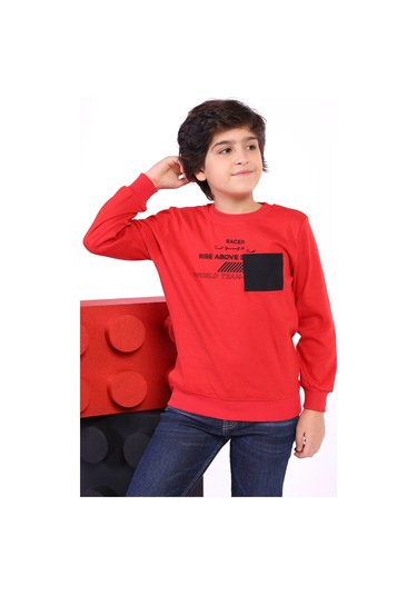 Toontoy Erkek Çocuk Cep Detaylı Baskılı Sweatshirt Kırmızı
