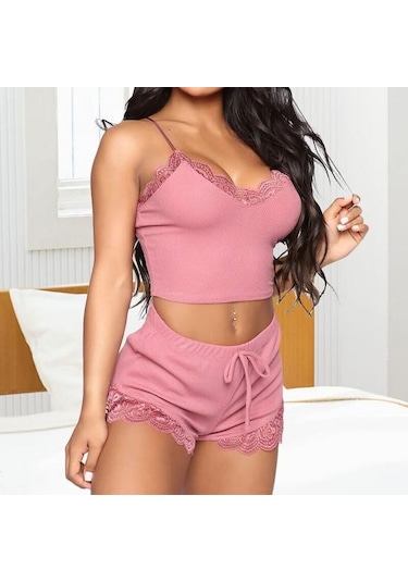 Pembe Kadın Gecelik Seti Kırpma Üst Nefes Bel-açık Kolsuz Bayan Gece Giysileri Uyku İçin Pembe