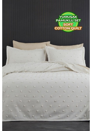 Evlen Home Ash Pike Takımı Yatak Örtüsü Seti Çift Kişilik Pamuklu 3 Parça Yumuşak Günlük Beyaz
