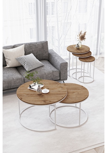 Paris Orta Sehpa 2'li Beyaz Metal - Atlantik Çam Tabla