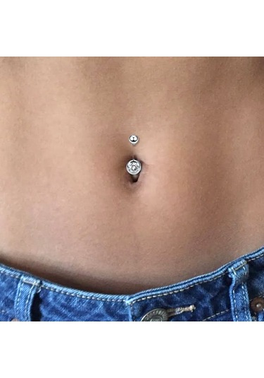Zirkon Taşlı Çelik Göbek Piercing Kadın Takı Aksesuar Gümüş