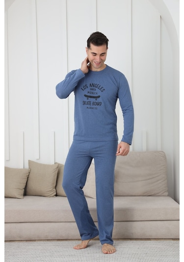 Fames Pijama Erkek Uzun Kol Penye Pijama Takimi Mavi