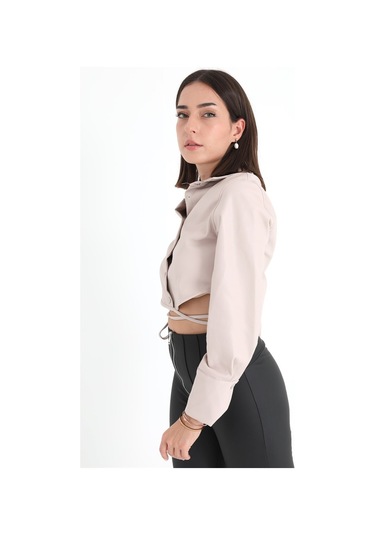 İçi Kadife Bağcıklı Kadın Kısa Deri Gömlek - Taş-taş Taş