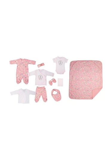 Kız Bebek Pembe Floral Hastane Çıkış Set 10'lu Açık Bej